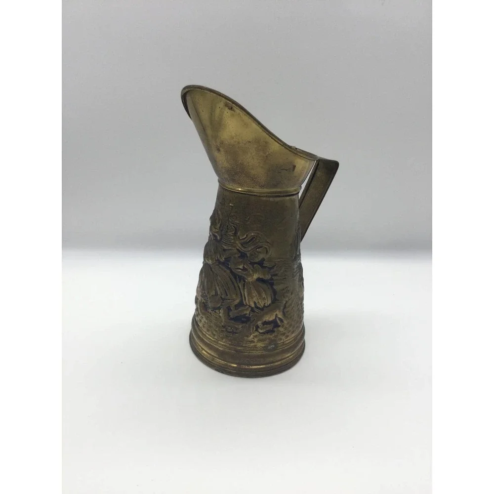 Vintage 8” brass pitcher windmill England dog‎ sailboat chicken street country